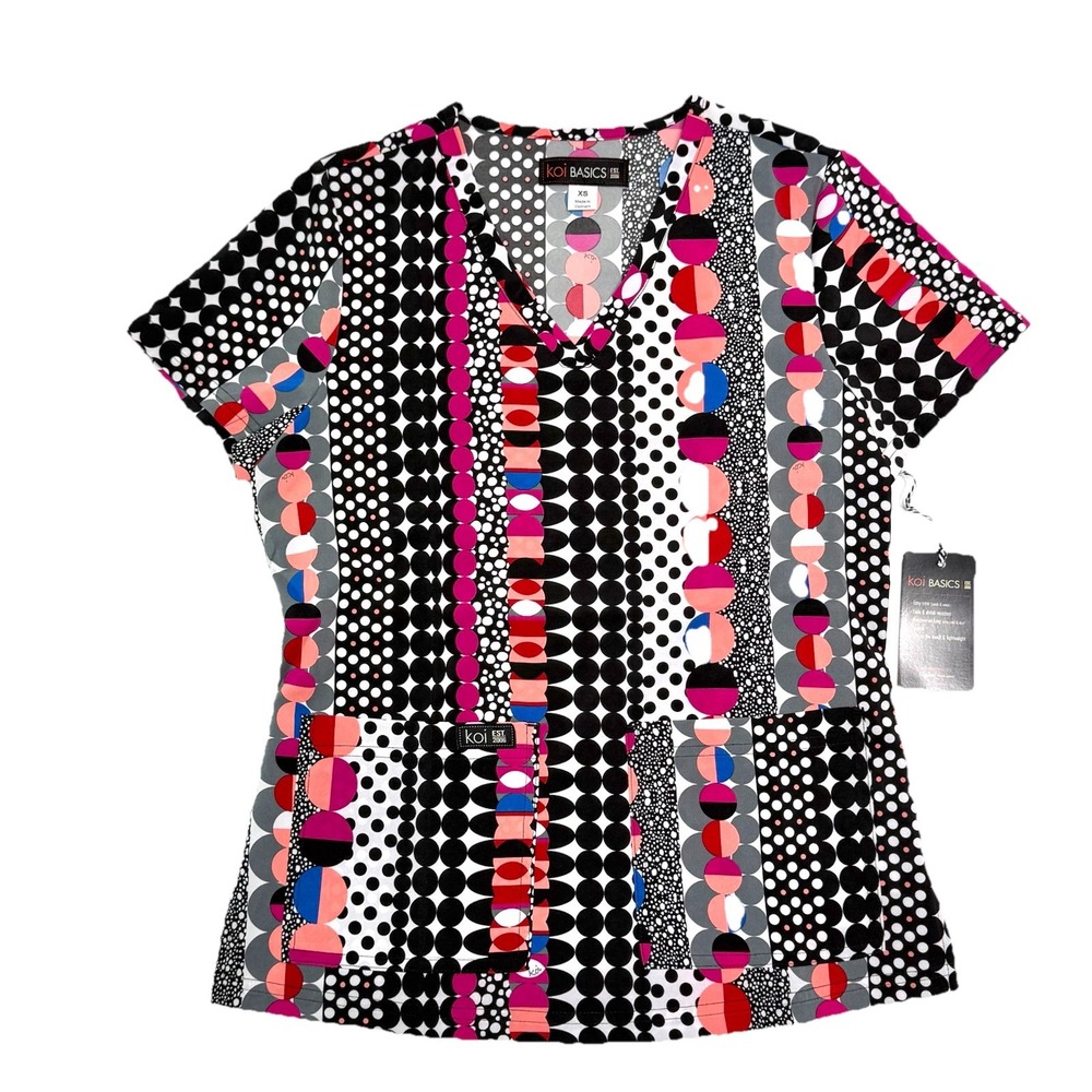 Koi Basics Leslie Womens XS "More Dots" Scrubs Top Stretch #384PR, NWT NEW